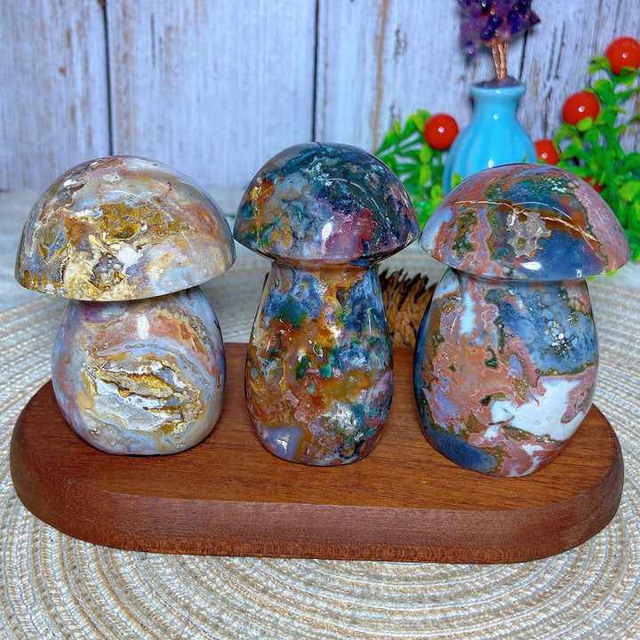 Colorful Ocean Jasper mushroom carvings, natural crystal druzy geode gemstones for Reiki and home decor.