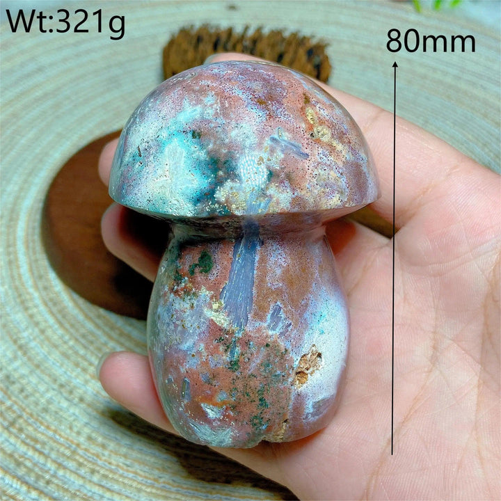 Colorful Ocean Jasper mushroom carving, 80mm, 321g. Natural crystal for healing energy and home decor.