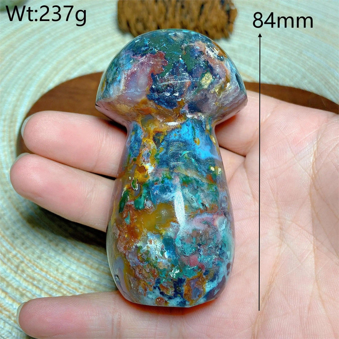 Colorful Ocean Jasper mushroom carving, 84mm, 237g. Natural crystal for energy, healing, and home decor.
