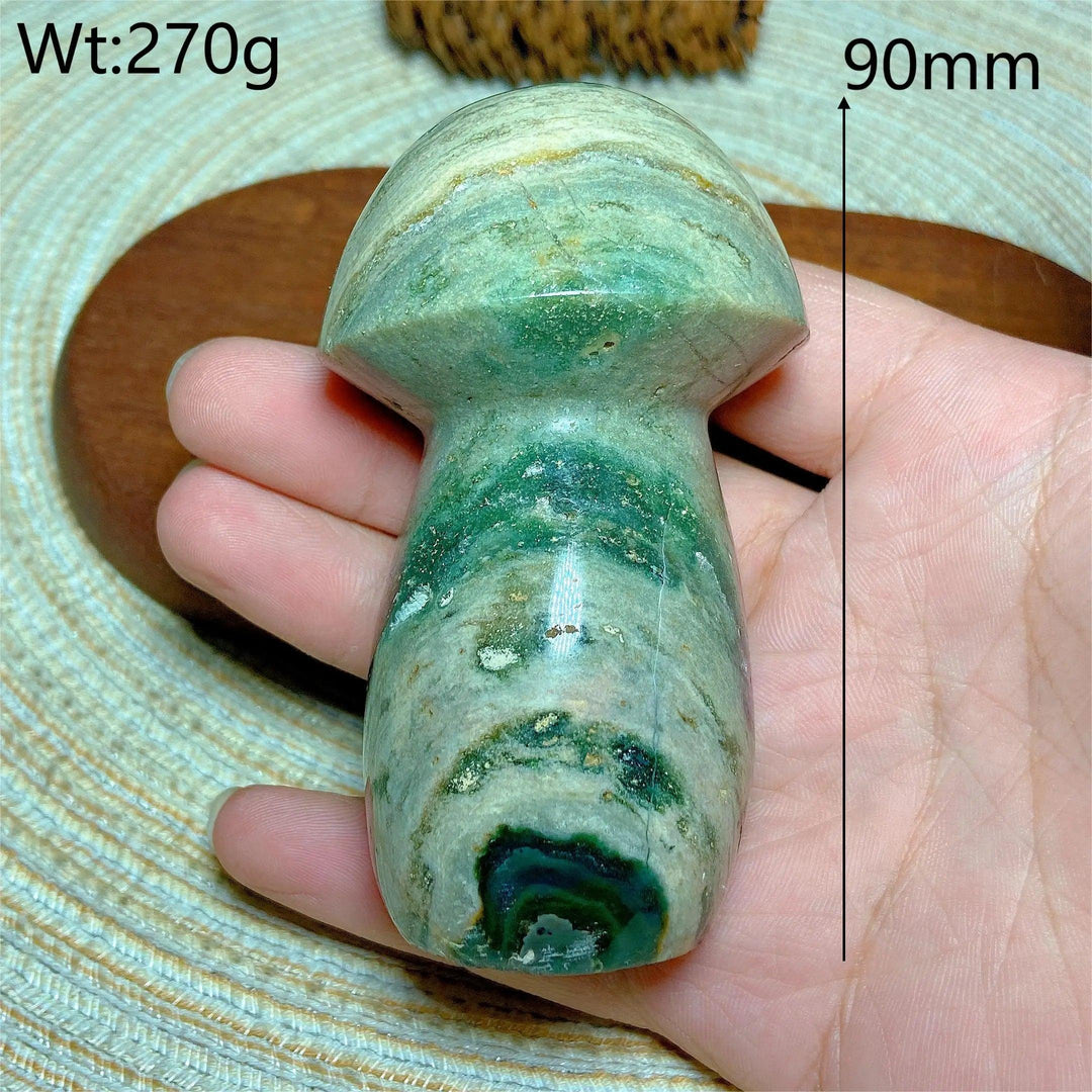Colorful Ocean Jasper mushroom carving, 90mm, 270g, with druzy geode, perfect for Reiki and home decor.