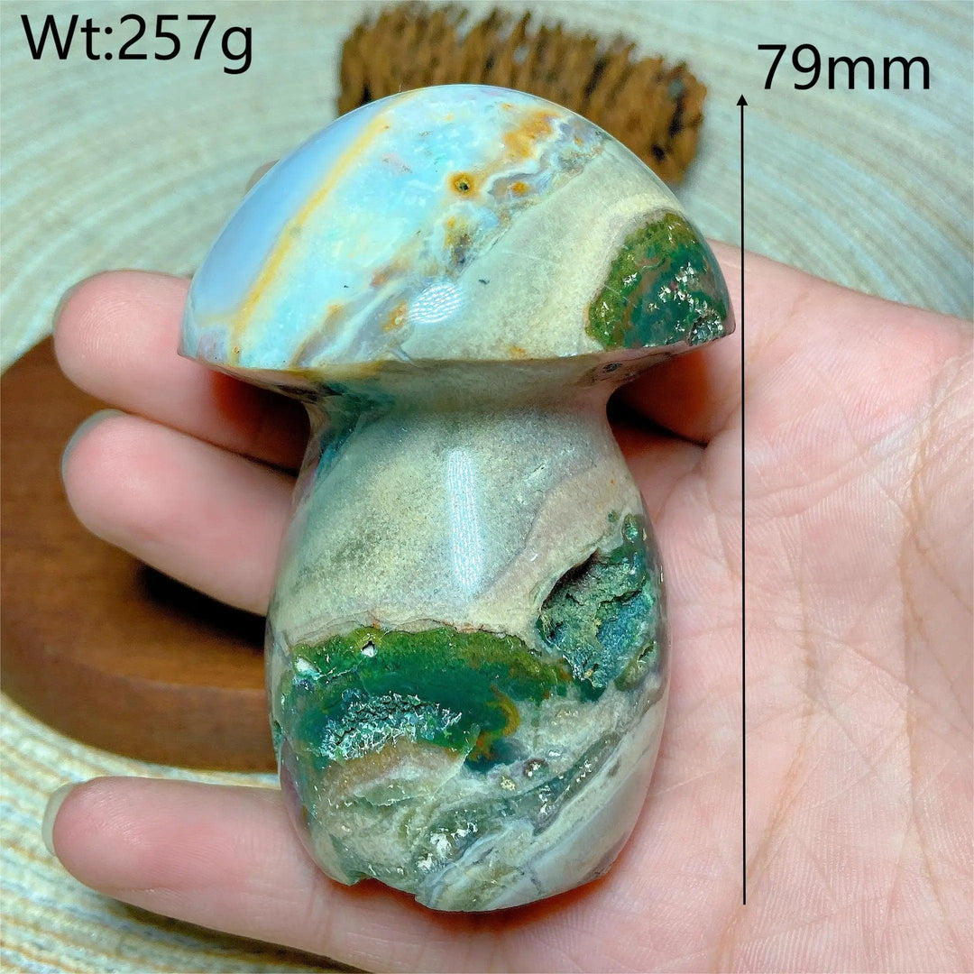 Colorful Ocean Jasper mushroom carving with druzy geode, 79mm, 257g. Perfect for Reiki and home decor.