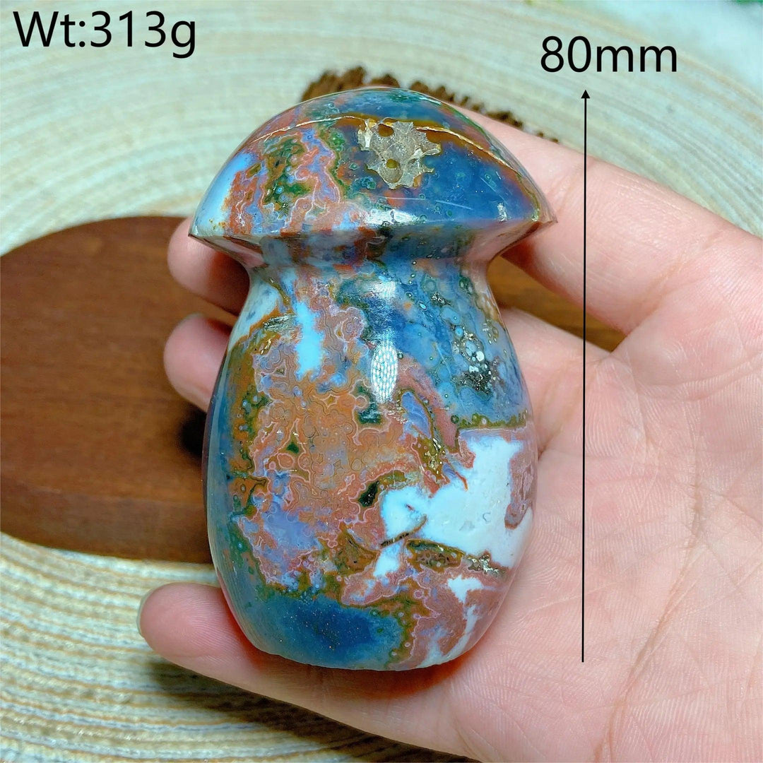 Colorful Ocean Jasper mushroom carving with druzy, 80mm, 313g. Natural crystal for energy and home decor.