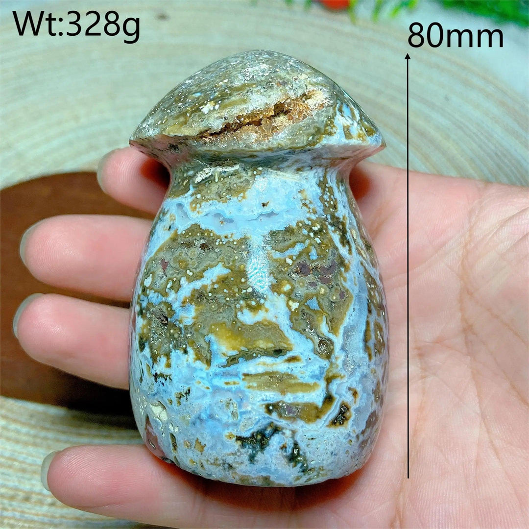 Colorful Ocean Jasper mushroom carving, 80mm, 328g, with blue, brown, and white druzy geode for energy healing.
