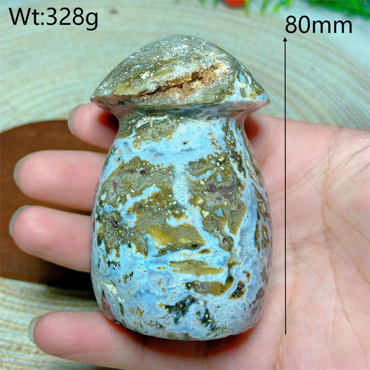 Colorful Ocean Jasper mushroom carving, 80mm, 328g, with blue, brown, and white druzy geode for energy healing.