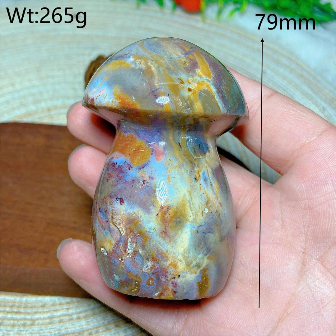Colorful Ocean Jasper mushroom carving, 79mm, 265g. Natural crystal for Reiki, home decor, and energy healing.