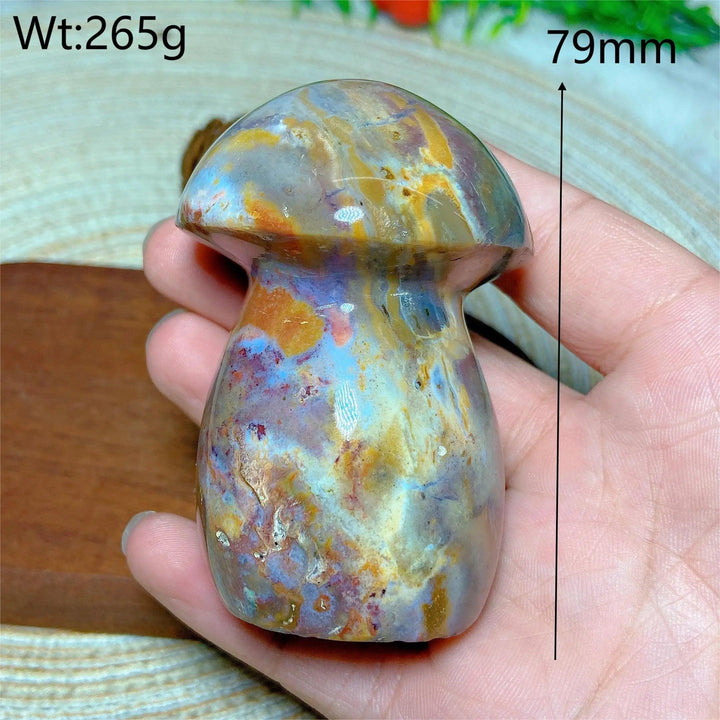 Colorful Ocean Jasper mushroom carving, 79mm, 265g. Natural crystal for Reiki, home decor, and energy healing.