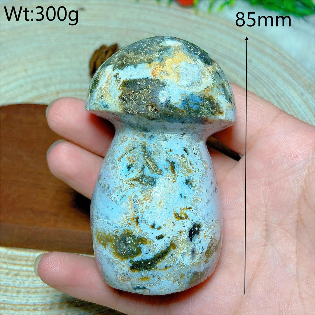Colorful Ocean Jasper mushroom carving, 85mm, 300g, for reiki and home decor. Natural crystal energy gift.
