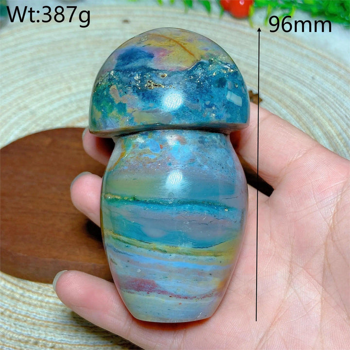 Colorful Ocean Jasper mushroom carving, 96mm, 387g, for Reiki and home decor.