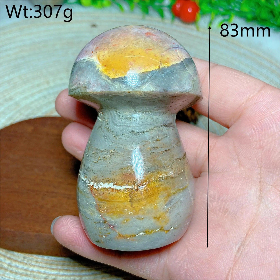 Colorful Ocean Jasper mushroom carving, 83mm, 307g, for Reiki, home decor, and energy healing.