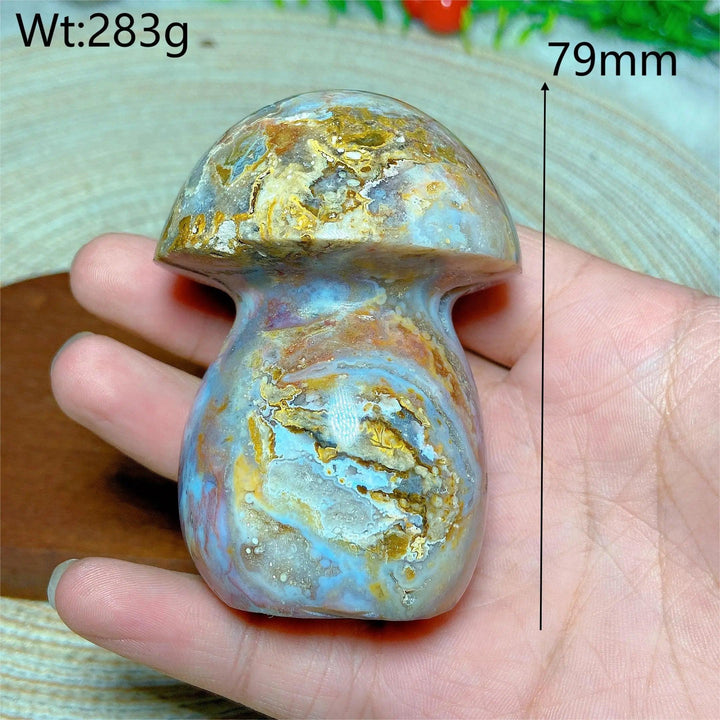 Colorful natural Ocean Jasper mushroom carving with druzy geode, 79mm, 283g. Perfect for Reiki and home decor.
