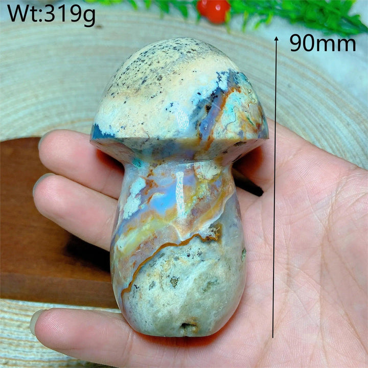 Colorful Ocean Jasper mushroom carving, 90mm, 319g. Natural crystal for Reiki and home decor.