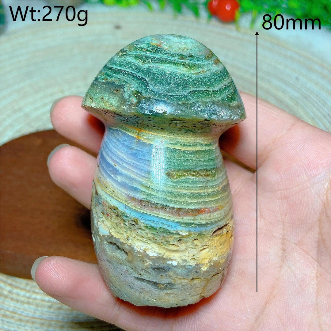 Colorful Ocean Jasper mushroom carving, 80mm tall, 270g, for energy healing and home decor.