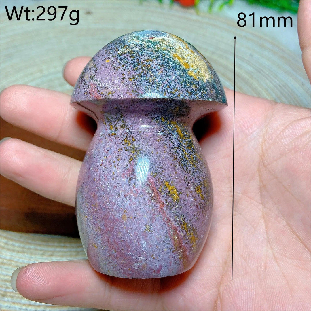 Colorful Ocean Jasper mushroom carving, 81mm tall, 297g, for energy healing and home decor.
