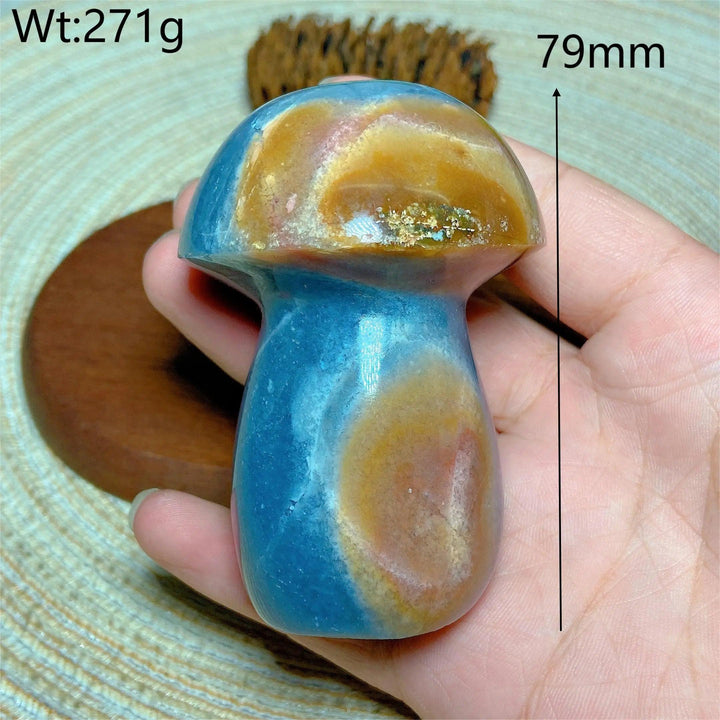 Colorful Ocean Jasper mushroom carving, 79mm, 271g. Natural crystal for Reiki, home decor, and energy healing.