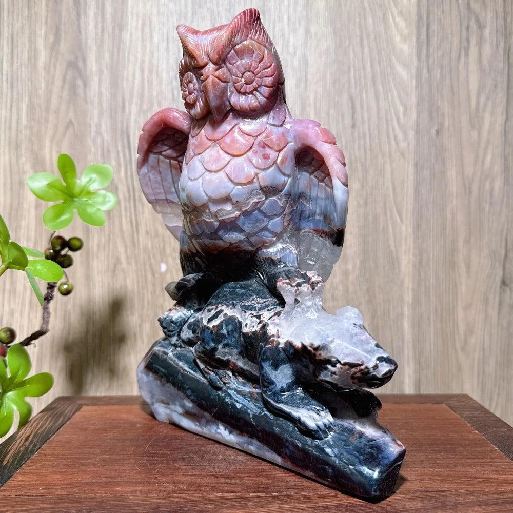 Hand-carved natural agate quartz owl catching mouse, a unique FENG SHUI home decor ornament.