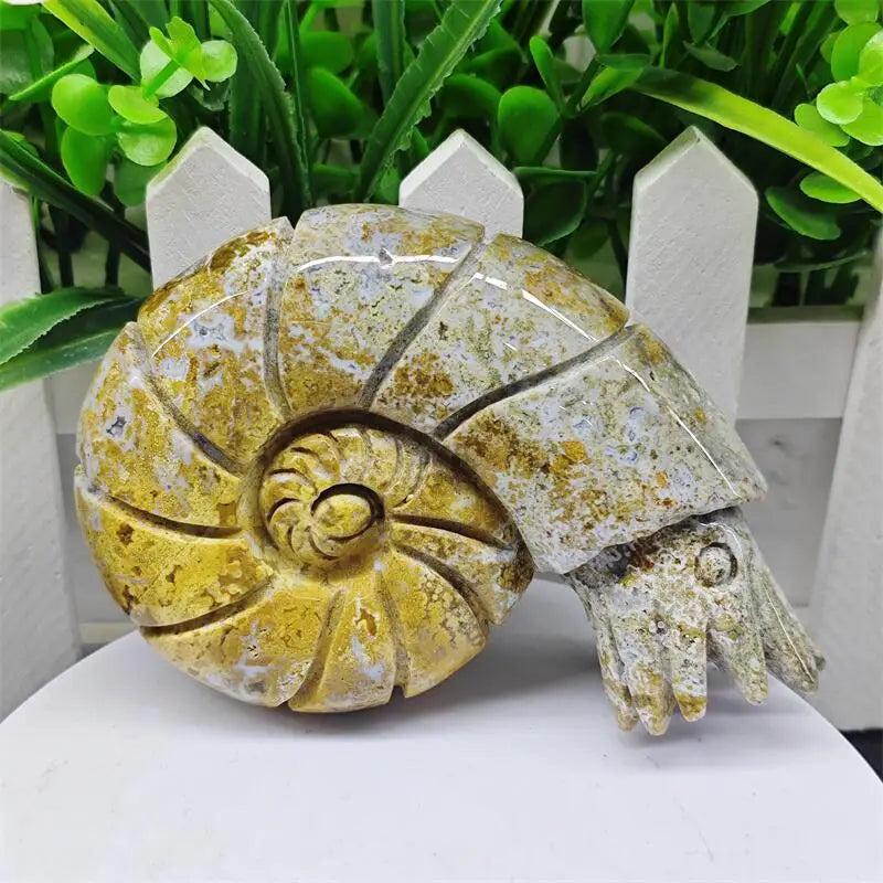 Polished Ocean Jasper snail conch sculpture featuring vibrant yellow and cream orb patterns for healing and abundance.