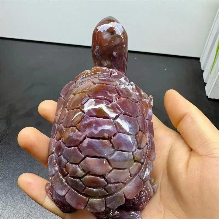 Hand-carved Ocean Jasper turtle, approximately 133mm, with swirling cream, sage, rust, and seafoam colors.