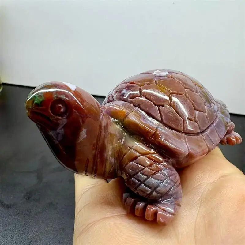 Hand-carved Ocean Jasper turtle, approximately 133mm, with swirling cream, sage, rust, and seafoam colors.