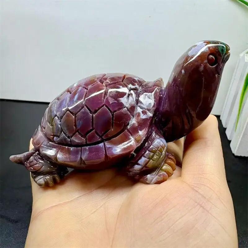 Hand-carved Ocean Jasper turtle, approximately 133mm, with swirling orbs of cream, sage, rust, and seafoam.
