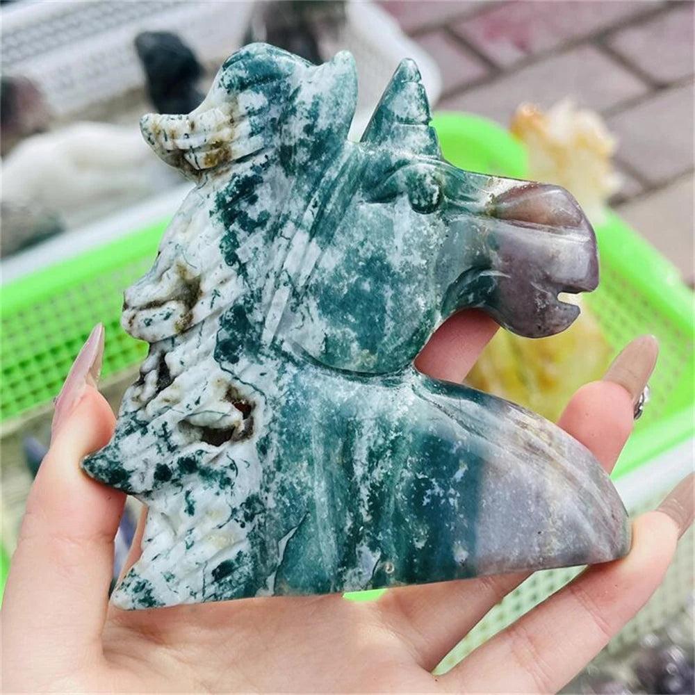 Ocean Jasper Crystal Carved Unicorn Figurine, vibrant green, cream, pink, and yellow swirls for healing and joy.