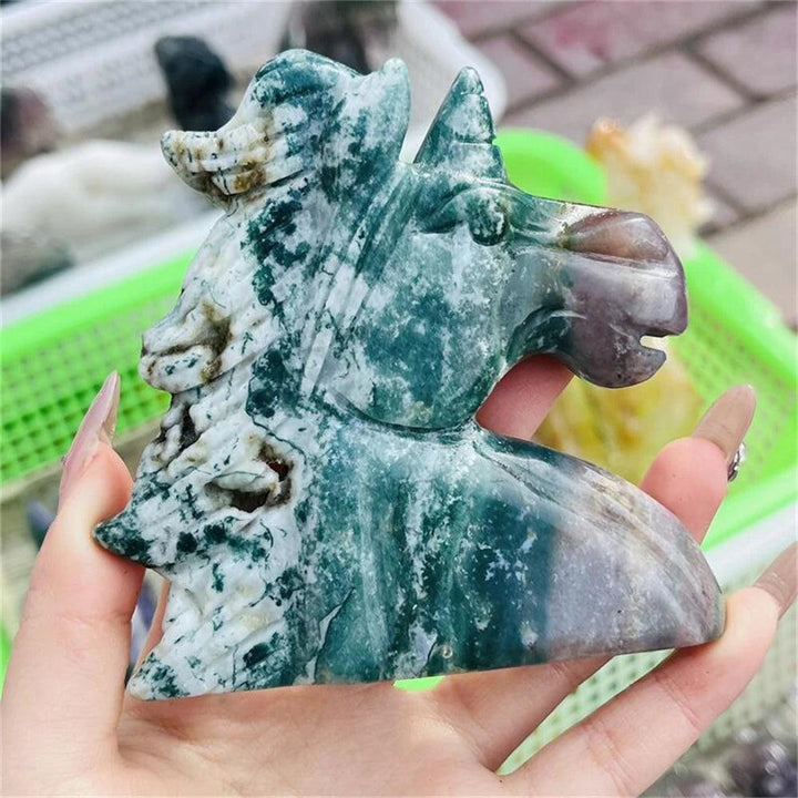 Ocean Jasper Crystal Carved Unicorn Figurine, vibrant green, cream, pink, and yellow swirls for healing and joy.
