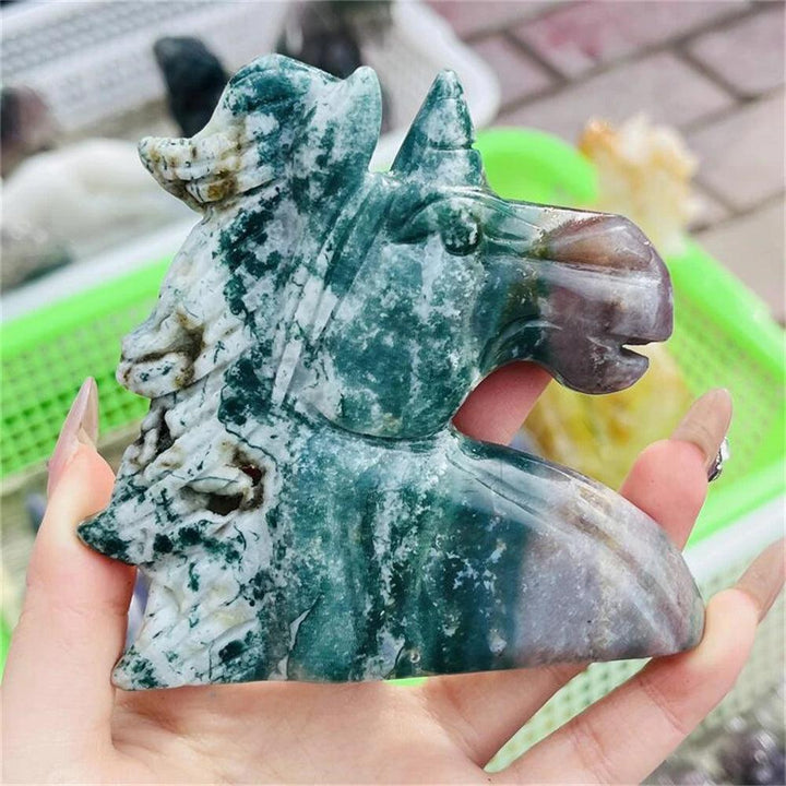 Vivid Ocean Jasper crystal carved unicorn figurine, showcasing swirling greens, creams, and pinks for healing and joy.