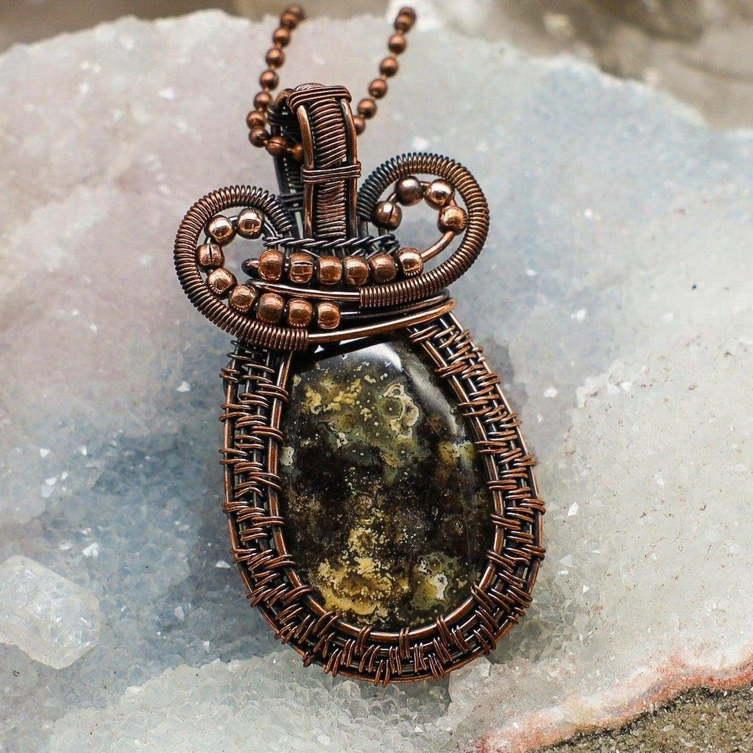 Ocean Jasper Wire Wrap Pendant: Vibrant green, cream, pink, brown orbicular jasper in healing copper wire.