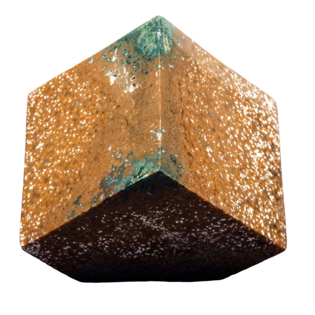 Ocean Jasper "Cut Corner" Cube showcasing swirling green, cream, and russet patterns with druzy quartz.