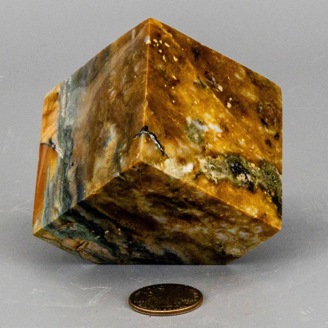 Ocean Jasper Cut Corner Cube, 514g, 2.25 inch, with greens, creams, and earthy tones, showcasing orbicular patterning.
