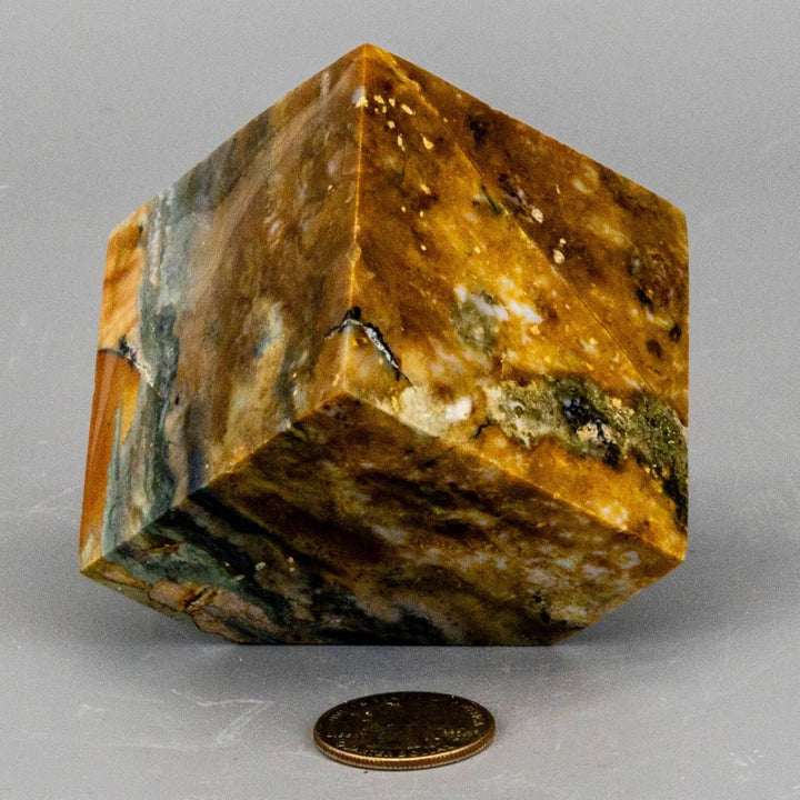 Ocean Jasper Cut Corner Cube, 514g, 2.25 inch, with greens, creams, and earthy tones, showcasing orbicular patterning.