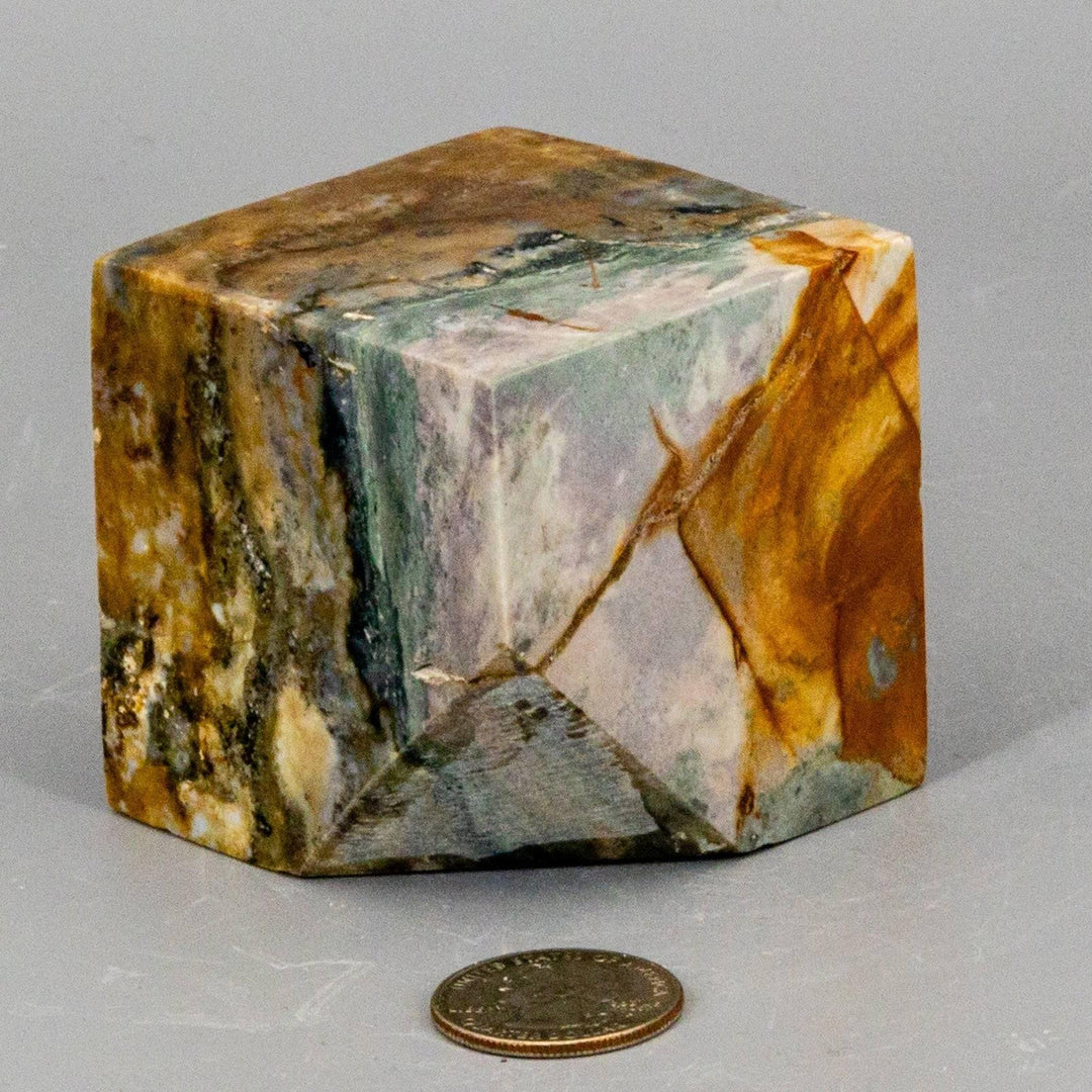 Ocean Jasper Cut Corner Cube: 2.25" orbicular jasper in greens, creams, and earthy tones, perfect for healing.