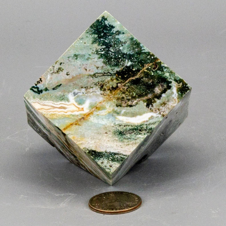Ocean Jasper Crystal Cut Corner Cube, 57mm, with green, cream, and earthy orbicular patterning.