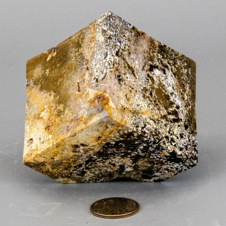 Ocean Jasper Cut Corner Cube, 2.5" with soft greens, creams, and earthy tones, ideal for Heart and Solar Plexus Chakras.