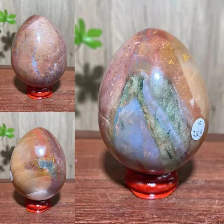 Polished Ocean Jasper Crystal Egg from Crystal Destiny, displaying soft greens, peachy pinks, and earthy browns.