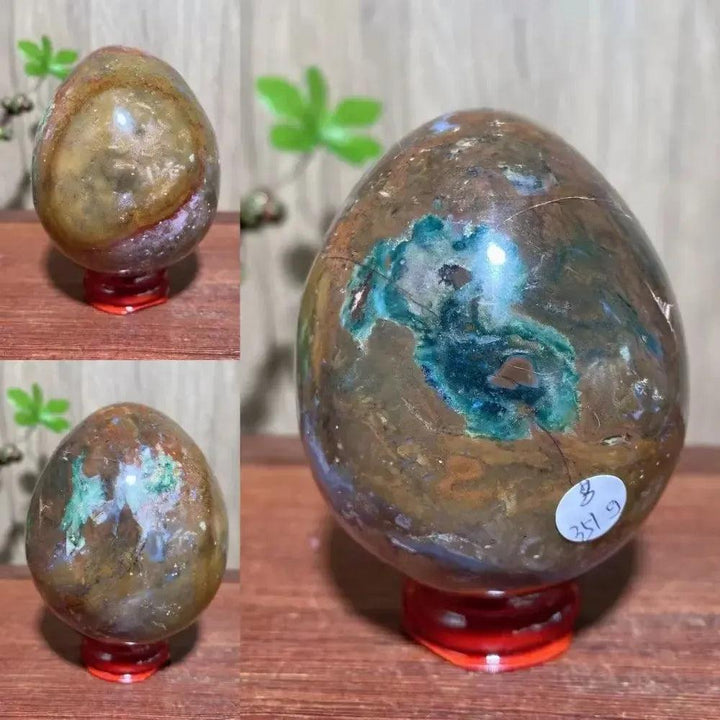 Ocean Jasper Crystal Egg by Crystal Destiny, featuring earthy browns, greens, and peachy pinks in a polished egg shape.