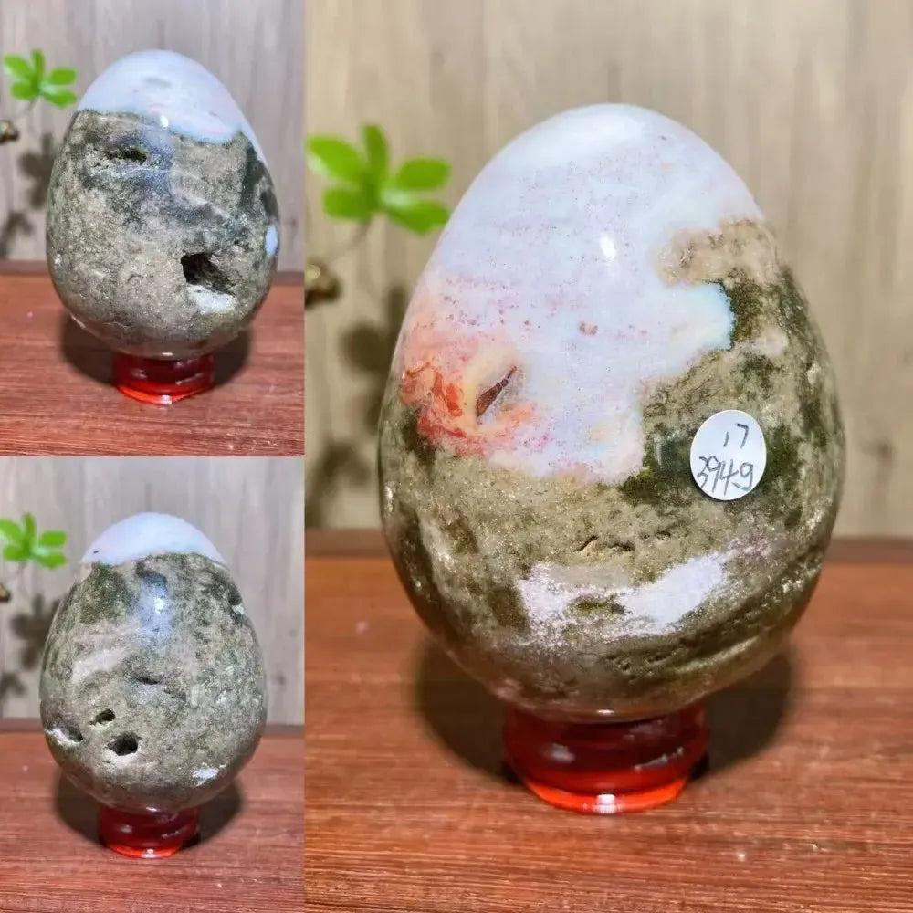 Ocean Jasper Crystal Egg from Crystal Destiny, featuring soft greens, peachy pinks, and creamy whites.