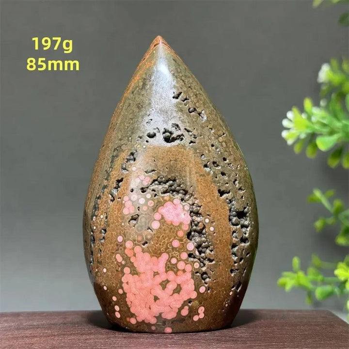 Ocean Jasper freeform, 197g, 85mm, with green, cream, rust, and pink orbicular patterns. Crystal Destiny.