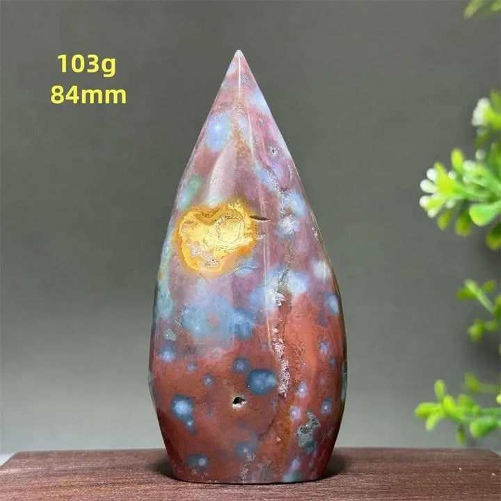 Ocean Jasper freeform crystal, 103g, 84mm, with red, blue, and yellow orbicular patterns from Crystal Destiny.