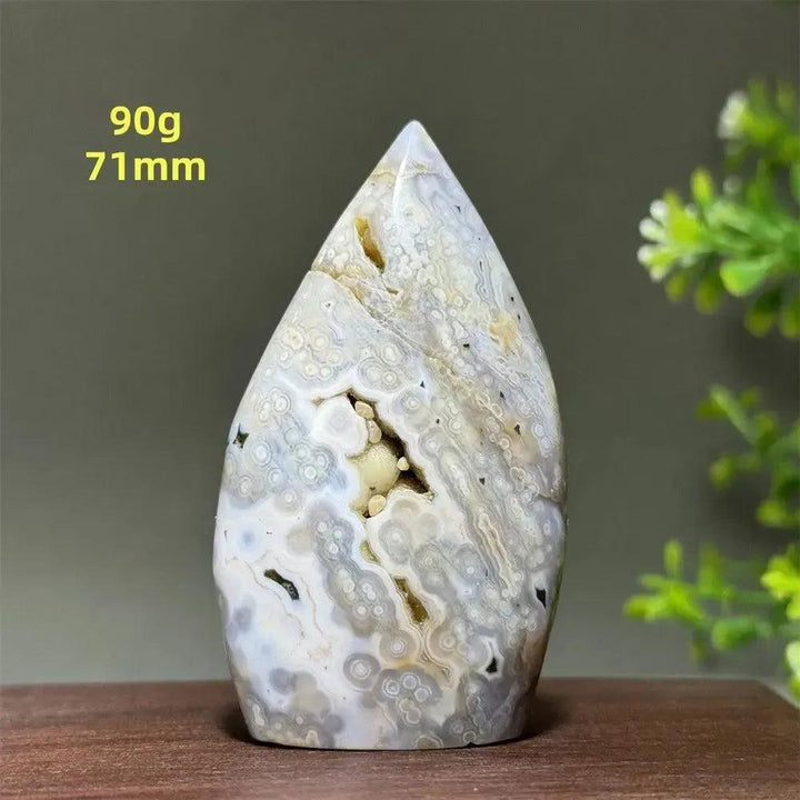 Ocean Jasper freeform crystal, 71mm, 90g, with orbicular patterns in white, cream, and brown.