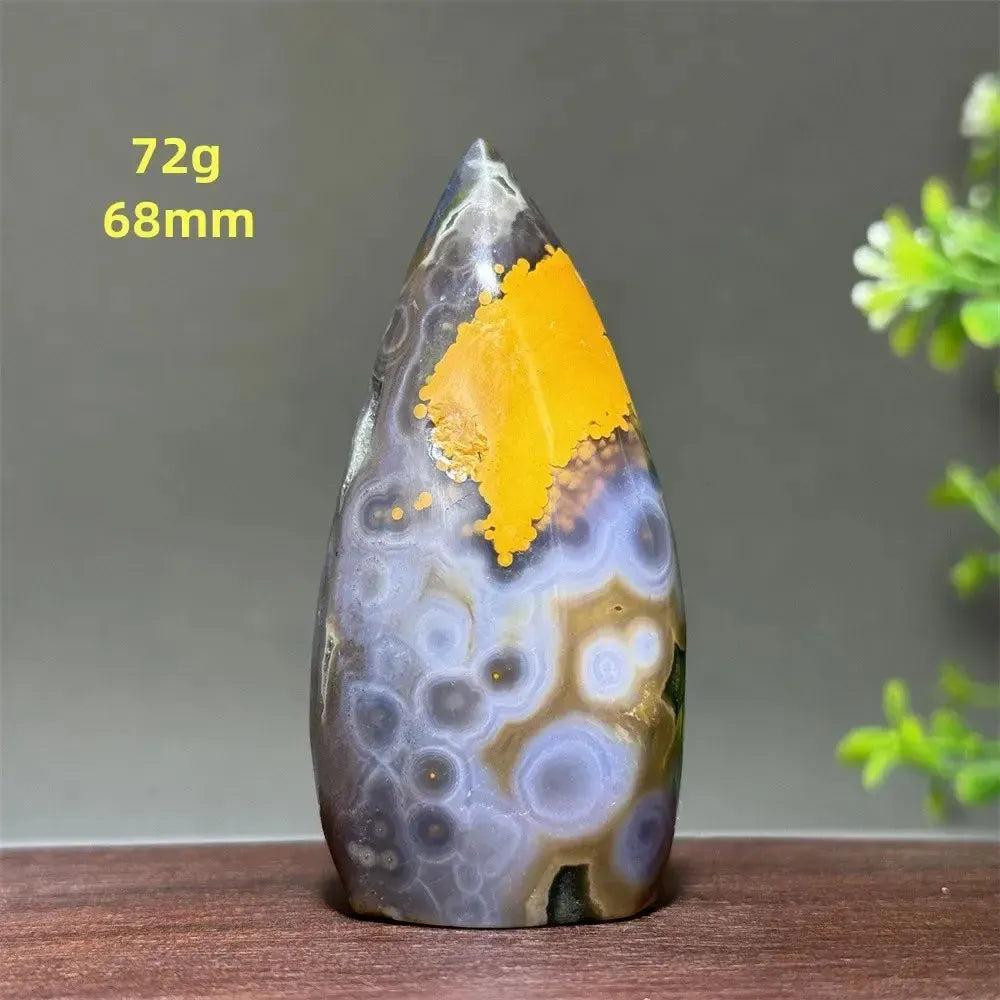 Ocean Jasper freeform crystal, 72g, 68mm, with purple, cream, and yellow orbicular patterns. Crystal Destiny.