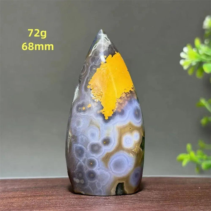 Ocean Jasper freeform crystal, 72g, 68mm, with purple, cream, and yellow orbicular patterns. Crystal Destiny.