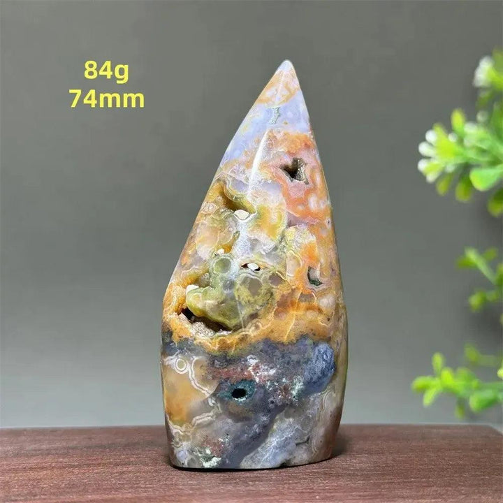 Ocean Jasper freeform crystal from Crystal Destiny, 84g, 74mm, with green, cream, rust, and brown orbicular patterns.