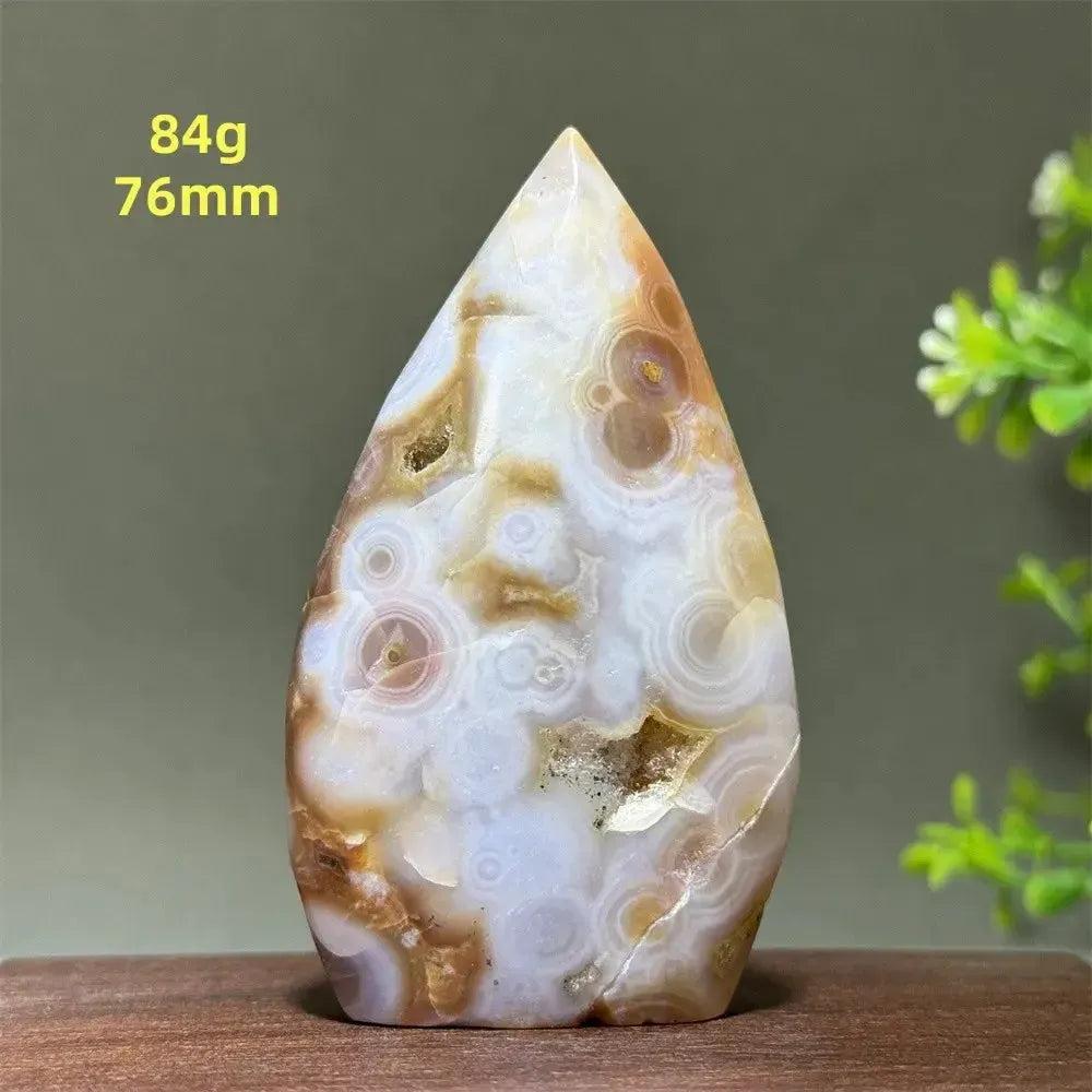 Ocean Jasper freeform from Crystal Destiny, 84g, 76mm, with orbicular patterns in white, brown, and cream.