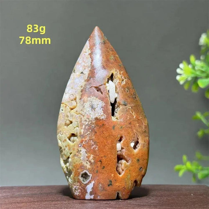 Ocean Jasper freeform from Crystal Destiny, 83g, 78mm, with green, cream, rust, and brown orbicular patterns.