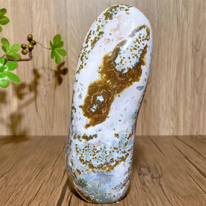 Large Ocean Jasper Freeform Crystal: Polished, substantial stone with swirling green, cream, pink, and earthy tones.