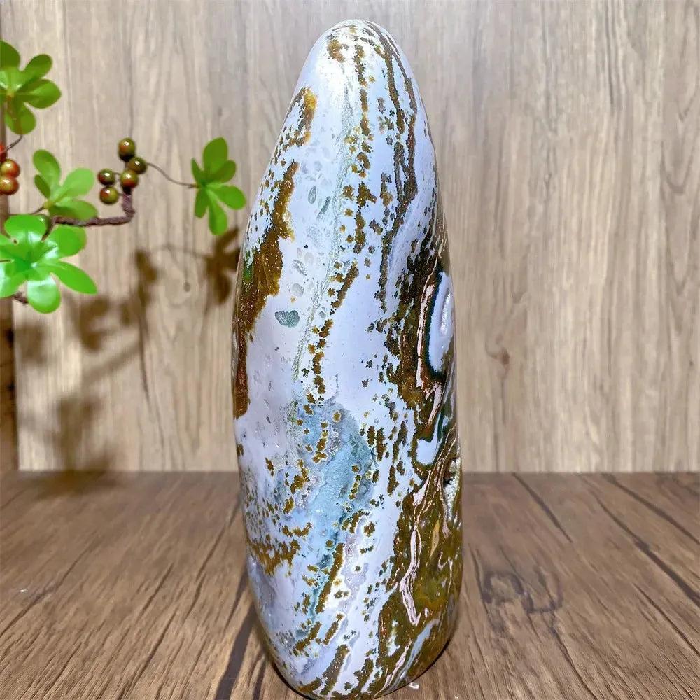 Large Ocean Jasper Freeform Crystal with swirling green, cream, pink, and earthy tones, polished smooth.