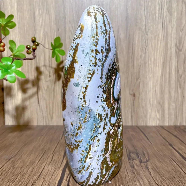 Large Ocean Jasper Freeform Crystal with swirling green, cream, pink, and earthy tones, polished smooth.