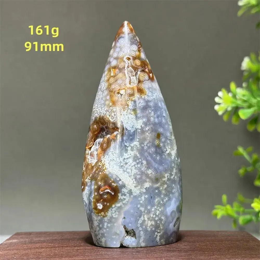 Ocean Jasper Crystal Freeform Orbicular Stone Polished, 161g, 91mm. Green, cream, rust orbicular patterns.