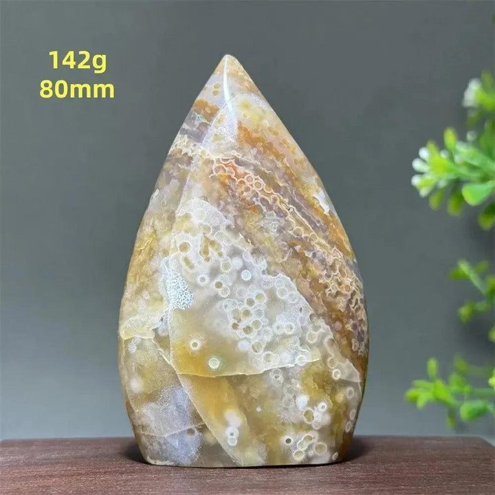 Polished Ocean Jasper Crystal Freeform Orbicular Stone, 142g, 80mm. Green, cream, rust tones with druzy pockets.