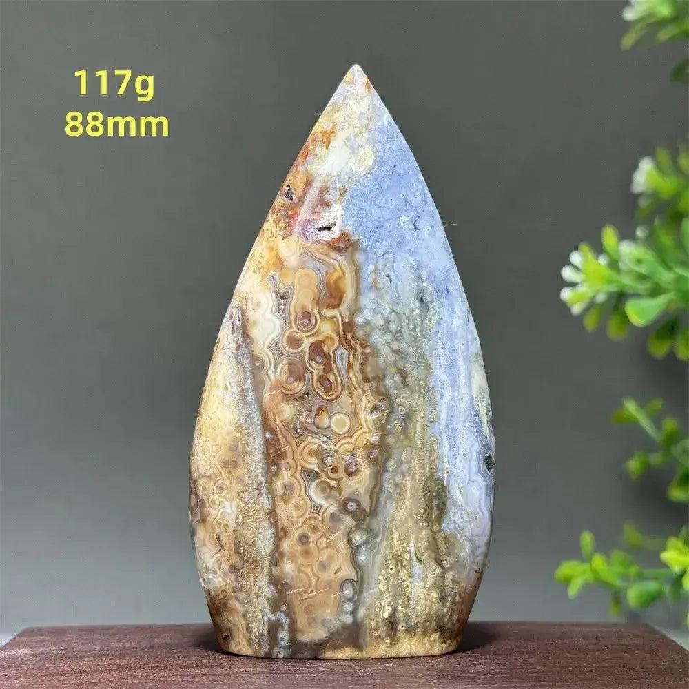 Ocean Jasper Crystal Freeform Orbicular Stone Polished, 117g, 88mm. Unique green, cream, rust, and blue patterns.